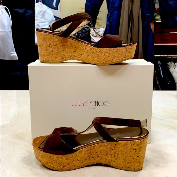 Jimmy Choo Shoes - JIMMY CHOO PRUDENCE LIGHTWEIGHT WEDGE IN CHOCOLATE SUEDE W/CORK HEEL STAR SOLE 8
